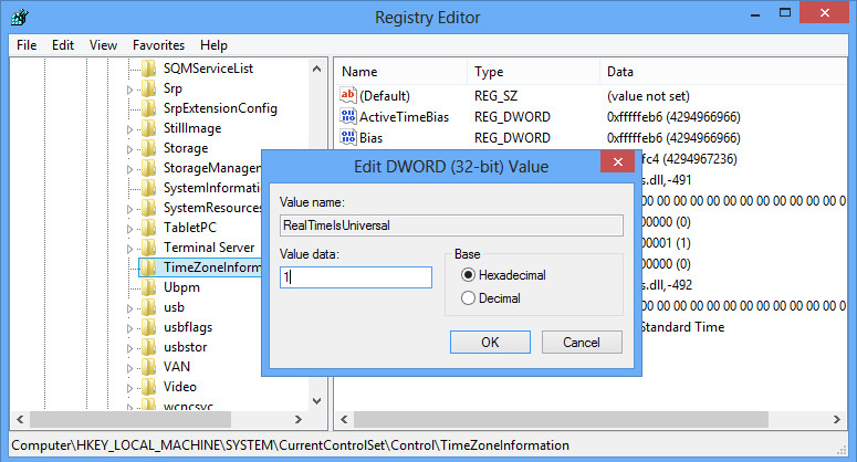 force windows to use utc clock dual boot