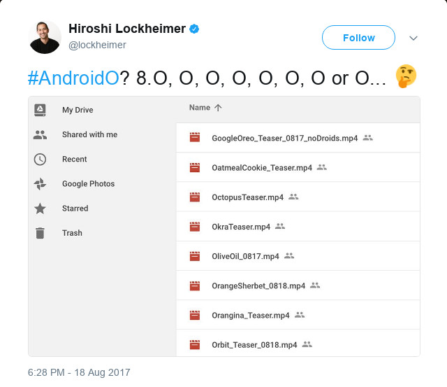 Android employee Hiroshi Lockheimer presents list of popular name suggestions for "O"